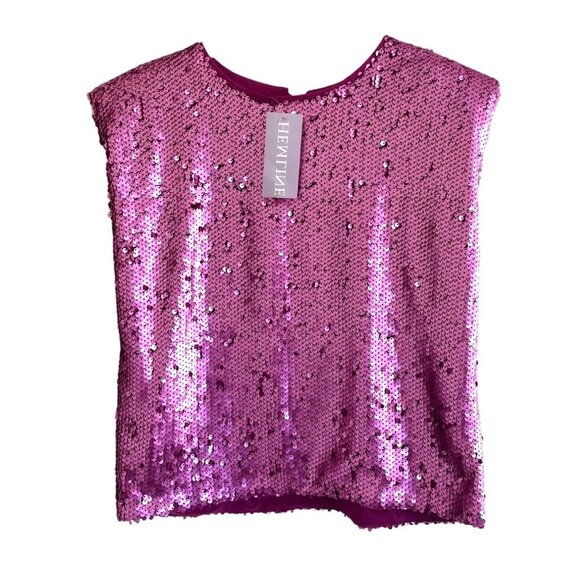Hemline Hausen Pink Sequin Structured Shoulder Pad Blouse L NWT Festival Boho - Picture 3 of 16